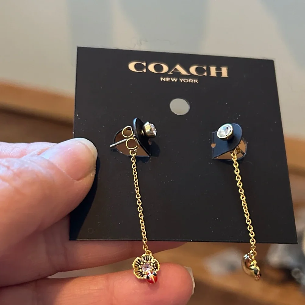Coach Gold Chain Dangle Earrings with CZ posts and ladybug Accents - Picture 4 of 4